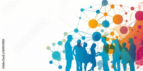 A group of people are shown in a network of circles. The people are shown in different colors and sizes, with some being larger than others. Concept of unity and collaboration
