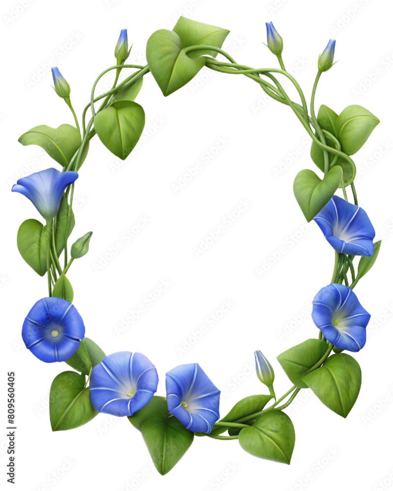 Beautiful morning glory Flowers frame, Floral plants with blooms, PNG transparent image, AI generative.