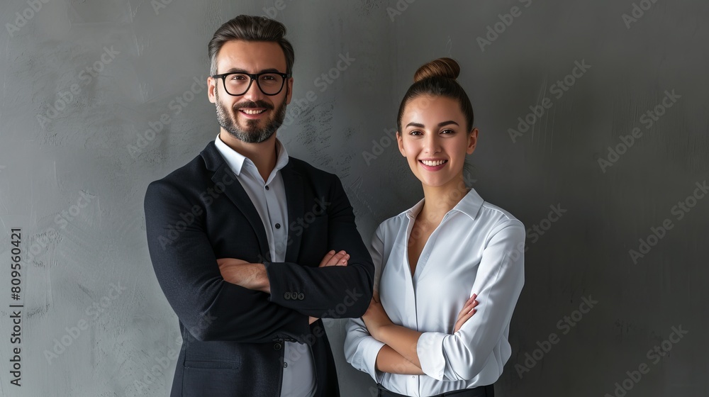 Confident business duo in professional attire with friendly smiles against a neutral gray backdrop Confident business duo in professional attire with friendly smiles against a neutral gray backdrop
