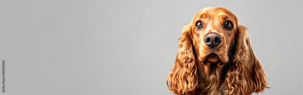 A detailed view of an English Cocker Spaniel dogs face against a solid gray backdrop
