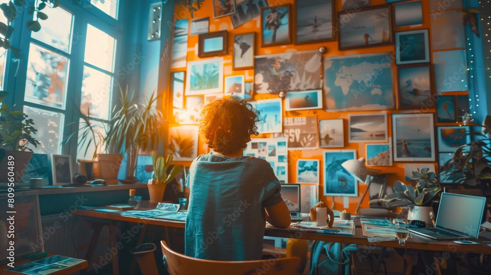 Woman looking at a wall papered with pictures and memories Woman looking at a wall papered with pictures and memories