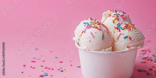 A white ice cream in a cup with rainbow sprinkles. The sprinkles are scattered around the ice cream, creating a colorful and festive atmosphere