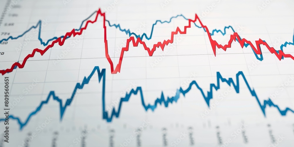 A graph with red and blue lines showing the difference between two sets of numbers. Scene is serious and analytical A graph with red and blue lines showing the difference between two sets of numbers. Scene is serious and analytical