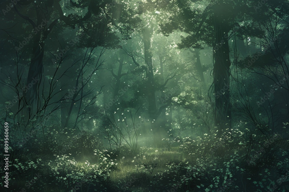 Obraz premium Sunlit Forest Path with Lush Greenery