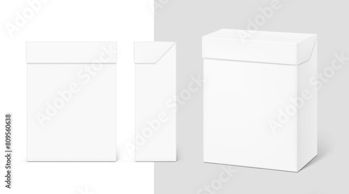 Universal blank closed paperboard box mockup set. Vector illustration isolated on white and grey background. Can be use for template your design, presentation. EPS10.