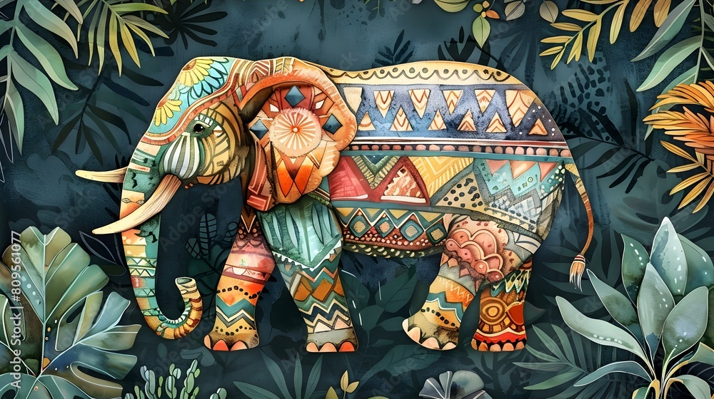 Majestic Tribal Elephant in Lush Jungle Watercolor