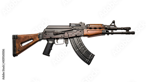  A Chinese AK47 rifle with an iron barrel and brown body on a white background