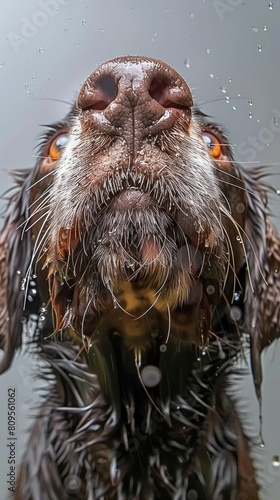 A detailed view of an English Cocker Spaniels face  wet and glistening