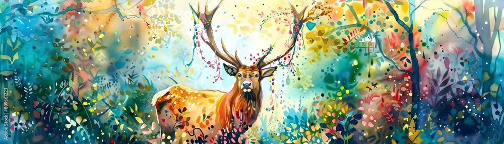 Fototapeta premium Majestic Stag Adorned with Boho Fabrics and Lights Amid Mystical Forest Glade