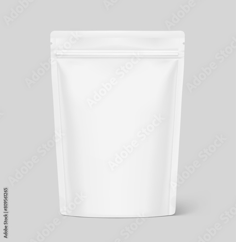 Realistic stand up pouch bag mockup with shadow. Vector illustration isolated on grey background. Easy to make a realistic mockup of your product. EPS10.