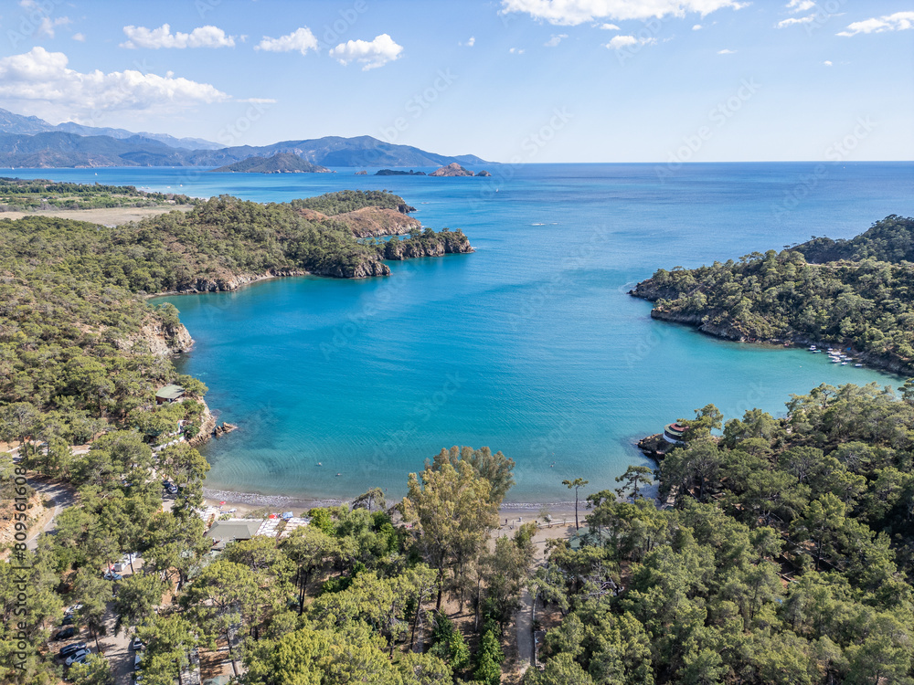 Fototapeta premium The most beautiful beaches of the world and Turkey are Kabak Bay and Paradise Bay on the Lycian Way in Fetiye. The sea is turquoise and the sand is unique. 