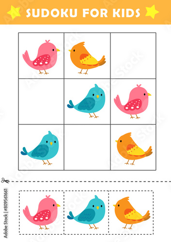 Sudoku logical reasoning activity for kids. Fun sudoku puzzle with cute bird illustration. Children educational activity worksheet. photo