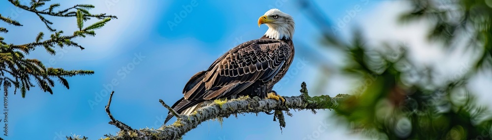 A majestic bald eagle perched high on a tree branch, scanning the landscape below for prey A majestic bald eagle perched high on a tree branch, scanning the landscape below for prey