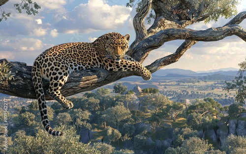 A leopard lounging on the branch of a large tree  overlooking the savannah below