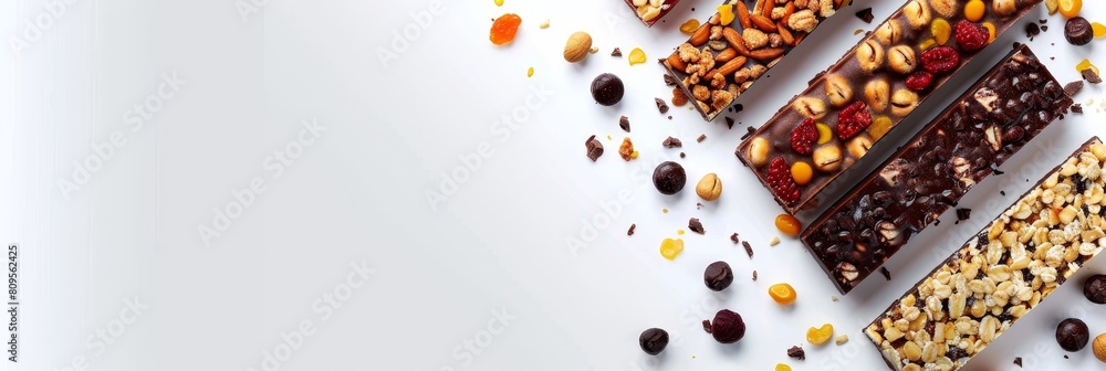 A row of assorted snacks, including granola bars, are displayed on a white background. The snacks are arranged in a visually appealing manner, with some bars overlapping each other A row of assorted snacks, including granola bars, are displayed on a white background. The snacks are arranged in a visually appealing manner, with some bars overlapping each other