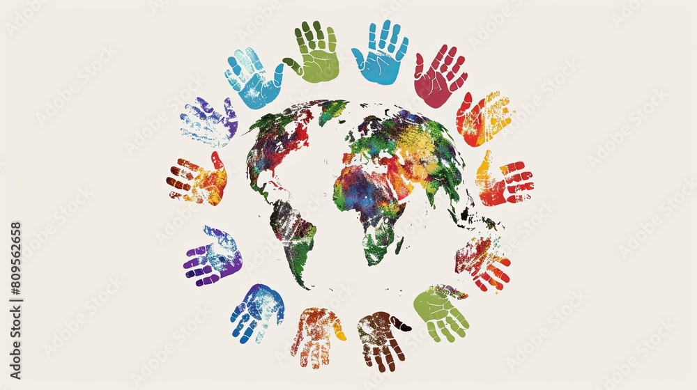 Naklejka premium Conceptual hand print illustration of human hands around the world.
