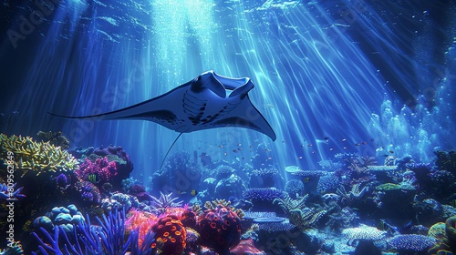 A manta ray gliding gracefully over a coral reef, casting a large shadow on the vibrant corals below