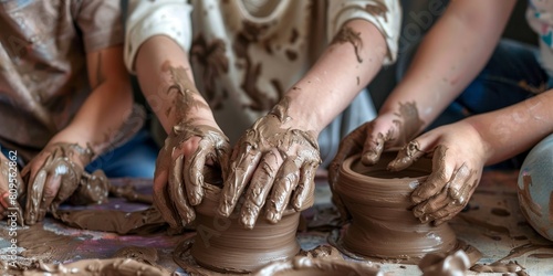 Three children are playing with clay, making pottery. Scene is playful and creative