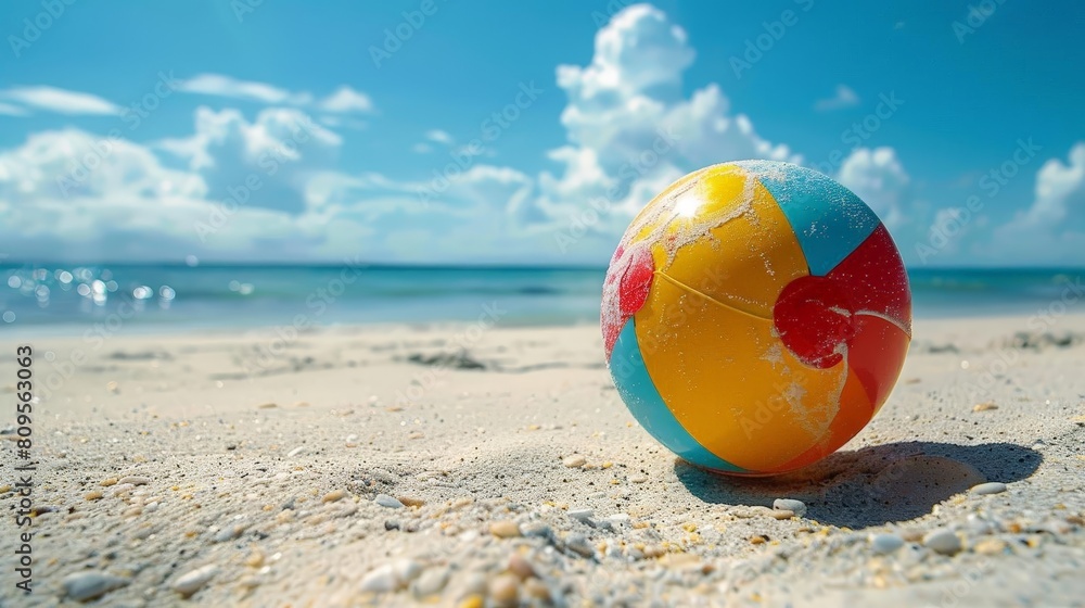 close - up of a colorful beach ball on pristine sand, with a blue sky and white clouds in the background, casting a dark shadow