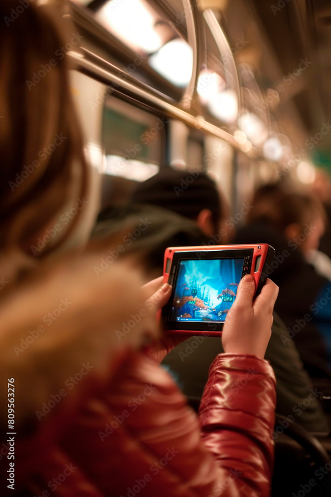 An individual playing on a portable gaming device while commuting on public transportation.
