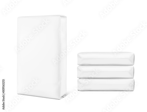 Vertical big heavy bag mockups for chemical products. High realistic. Vector illustration isolated on white background. Ready for use in presentation, promo, advertising and more. EPS10.