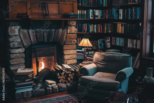 A comfortable armchair next to a fireplace with a pile of books and a reading lamp