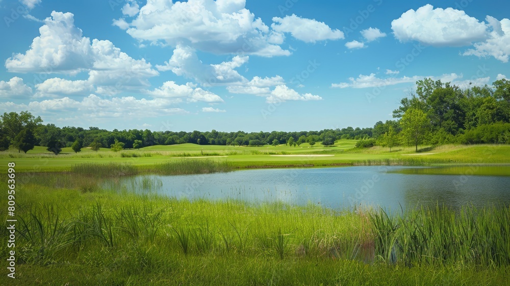 Park Lake with Green Grass and Tall Grass Trees in the Distance Golf Course and Cloudy Blue Sky Park Lake with Green Grass and Tall Grass Trees in the Distance Golf Course and Cloudy Blue Sky