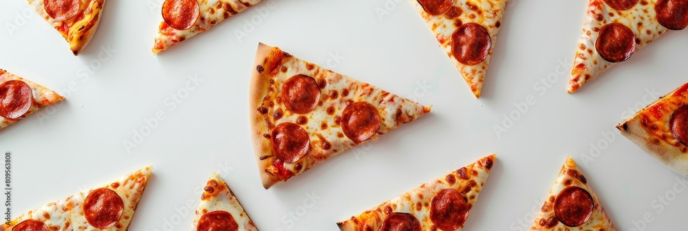 A row of pepperoni slices on a white background. The slices are arranged in a way that they form a triangle A row of pepperoni slices on a white background. The slices are arranged in a way that they form a triangle