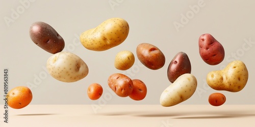 A bunch of different colored potatoes are flying through the air. Concept of abundance and variety, as the potatoes come in different shapes and sizes. The scene is dynamic and lively