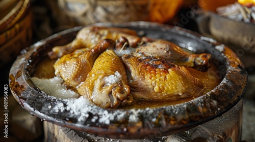 Traditional Angolan cuisine. Guinea fowl in salt. 