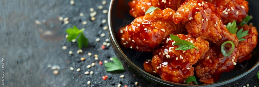 A bowl of fried chicken with sesame seeds and parsley on top. The bowl is on a black background A bowl of fried chicken with sesame seeds and parsley on top. The bowl is on a black background