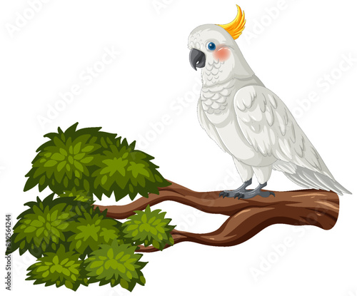 Vector illustration of a cockatoo on a green branch.