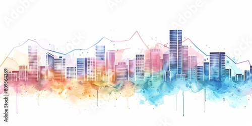 A city skyline with a rainbow background. The colors of the rainbow are spread across the skyline, creating a vibrant and lively atmosphere. The buildings are tall and spread out