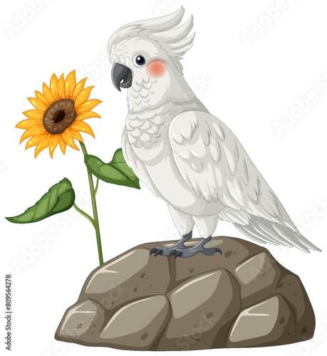 Illustration of a white cockatoo beside a sunflower.