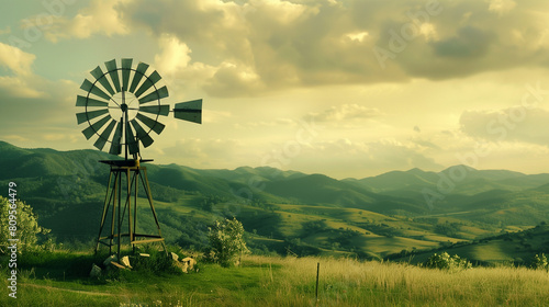 an antique windmill with rustic blades, set against a backdrop of rolling hills
