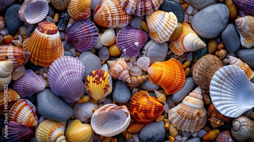 close - up of colorful seashells collected on the beach