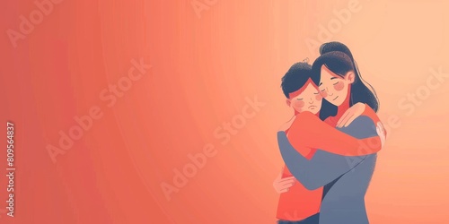 A woman and a man are hugging each other. The woman is wearing a blue shirt and the man is wearing a red shirt. The image has a warm and loving mood