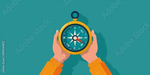 A person is holding a compass in their hand. The compass is pointing to the north. Concept of direction and guidance photo