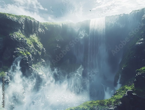 Majestic waterfall in a lush green valley with rising fog and birds soaring above.
