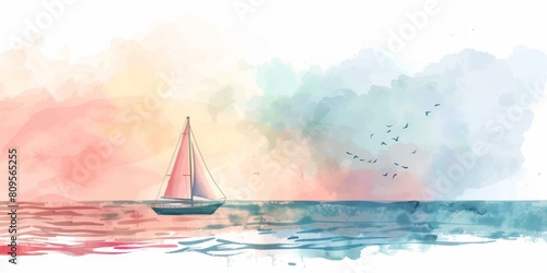 A sailboat is sailing on a calm ocean with a beautiful sunset in the background. The sky is filled with birds flying in the distance. Concept of tranquility and serenity