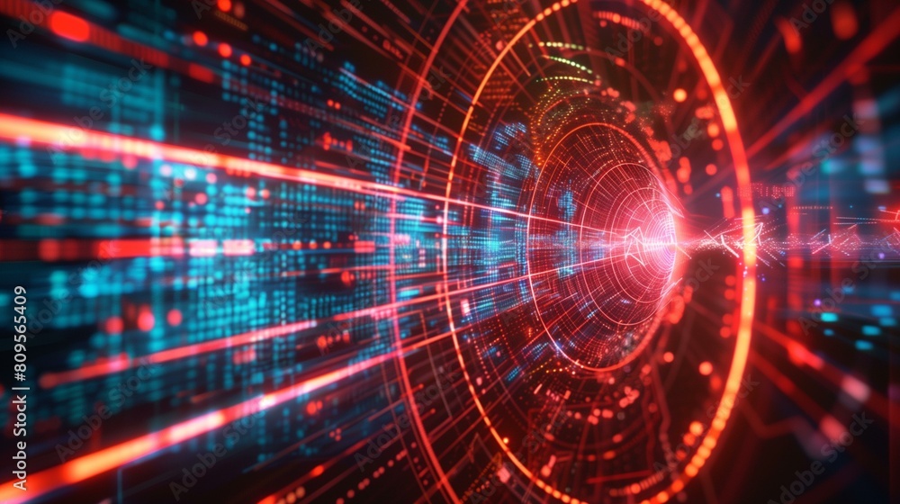 Quantum key distribution technology, glowing red blue tunnel of quantum key distribution technology, strength force impact collision explosion Quantum key distribution technology, glowing red blue tunnel of quantum key distribution technology, strength force impact collision explosion