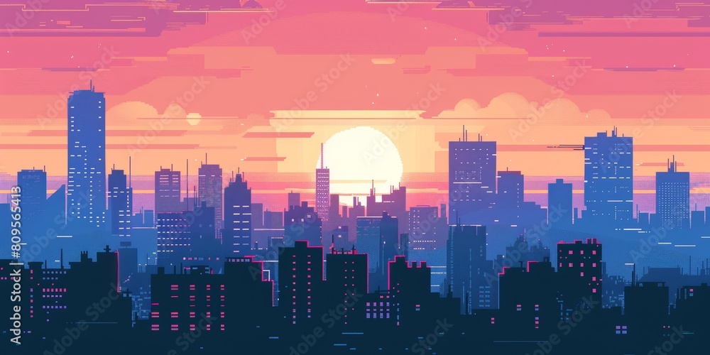 A city skyline with a large sun in the sky. The sun is setting and the sky is a mix of blue and pink. The city is lit up with lights, creating a warm and inviting atmosphere A city skyline with a large sun in the sky. The sun is setting and the sky is a mix of blue and pink. The city is lit up with lights, creating a warm and inviting atmosphere