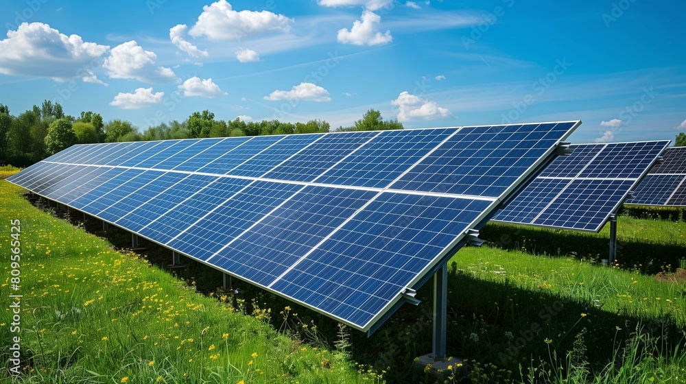 Perovskite solar cells technology, large solar farm, glistening perovskite solar panels, converts sunlight into renewable energy amidst verdant grassy field