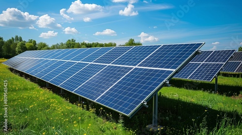 Perovskite solar cells technology, large solar farm, glistening perovskite solar panels, converts sunlight into renewable energy amidst verdant grassy field