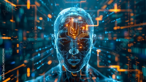 Neuromorphic engineering technology, blue orange abstract representation of human head conveying
