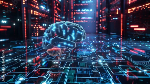 Neuromorphic computing technology, glowing blue brain over circuit board photo