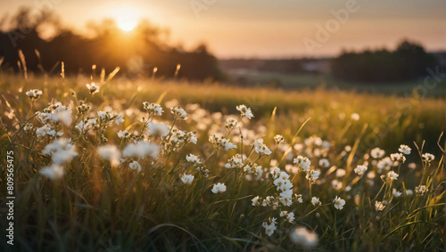 Golden Hour Glow, Soft Focus Sunset Field with White Flowers and Grass Meadow