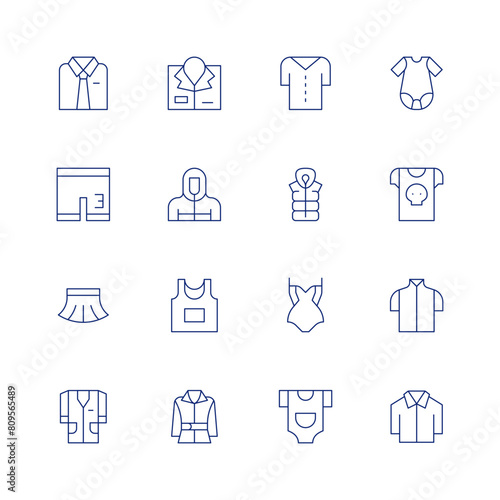 Clothing line icon set on transparent background with editable stroke. Containing uniform, labcoat, skirt, short, suit, tshirt, garment, jacket, body, clothes, babyclothes, shirt.