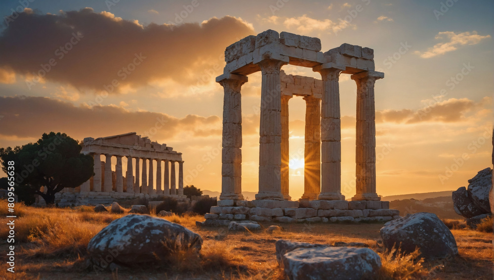 Golden Hour Serenity, Ancient Greek Temple and Doric Column Ruins in Twilight Landscape