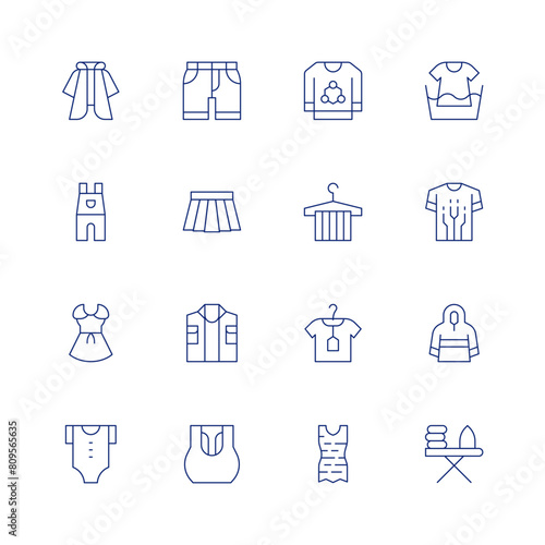 Clothing line icon set on transparent background with editable stroke. Containing raincoat, overalls, dress, outfit, miniskirt, bermuda, clothes, smartclothing, handwashing.